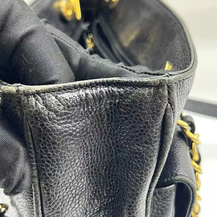 Chanel Large Vintage Front Pocket Tote Black Quilted Caviar Leather Double Gold Leather Chain