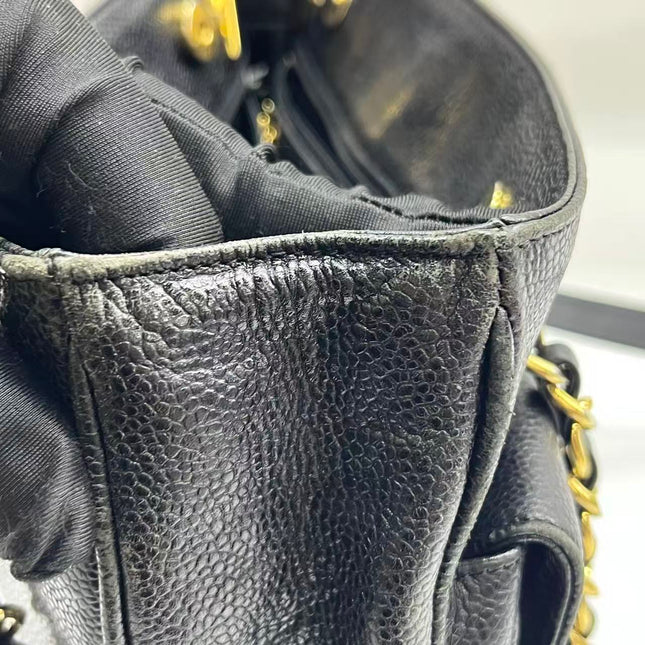 Chanel Large Vintage Front Pocket Tote Black Quilted Caviar Leather Double Gold Leather Chain