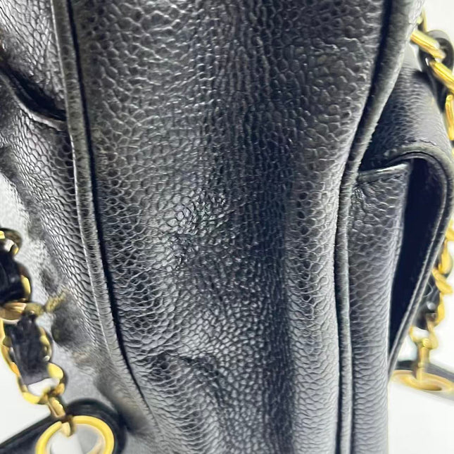 Chanel Large Vintage Front Pocket Tote Black Quilted Caviar Leather Double Gold Leather Chain