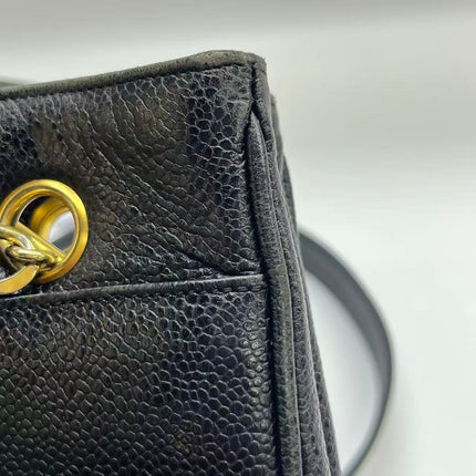 Chanel Large Vintage Front Pocket Tote Black Quilted Caviar Leather Double Gold Leather Chain