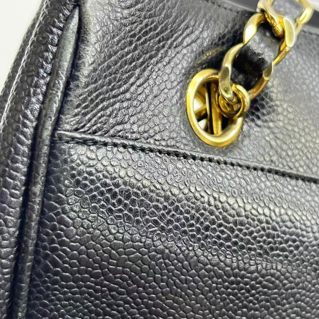 Chanel Large Vintage Front Pocket Tote Black Quilted Caviar Leather Double Gold Leather Chain