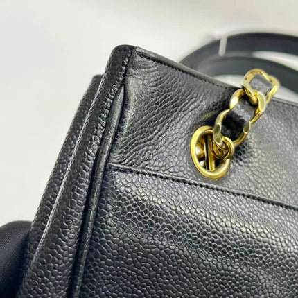 Chanel Large Vintage Front Pocket Tote Black Quilted Caviar Leather Double Gold Leather Chain