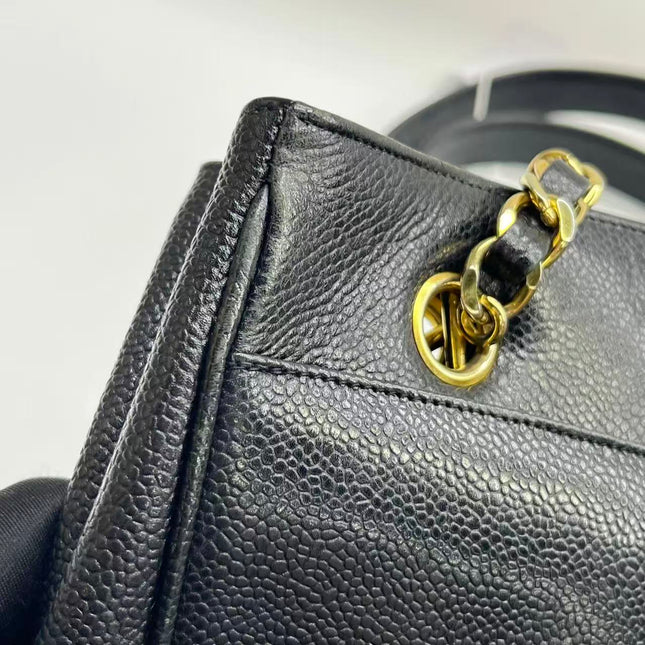 Chanel Large Vintage Front Pocket Tote Black Quilted Caviar Leather Double Gold Leather Chain