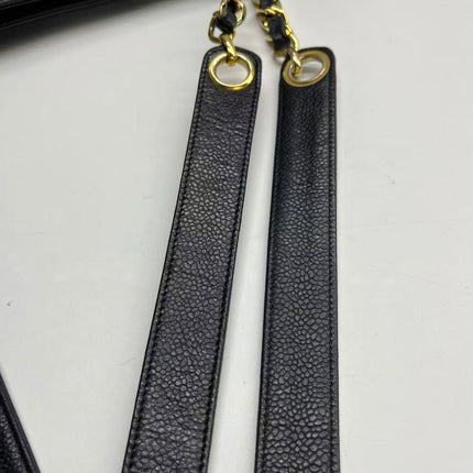 Chanel Large Vintage Front Pocket Tote Black Quilted Caviar Leather Double Gold Leather Chain