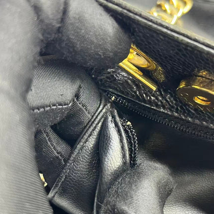 Chanel Large Vintage Front Pocket Tote Black Quilted Caviar Leather Double Gold Leather Chain
