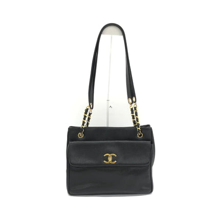 Chanel Large Vintage Front Pocket Tote Black Quilted Caviar Leather Double Gold Leather Chain
