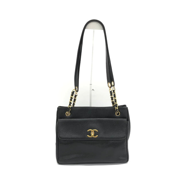 Chanel Large Vintage Front Pocket Tote Black Quilted Caviar Leather Double Gold Leather Chain