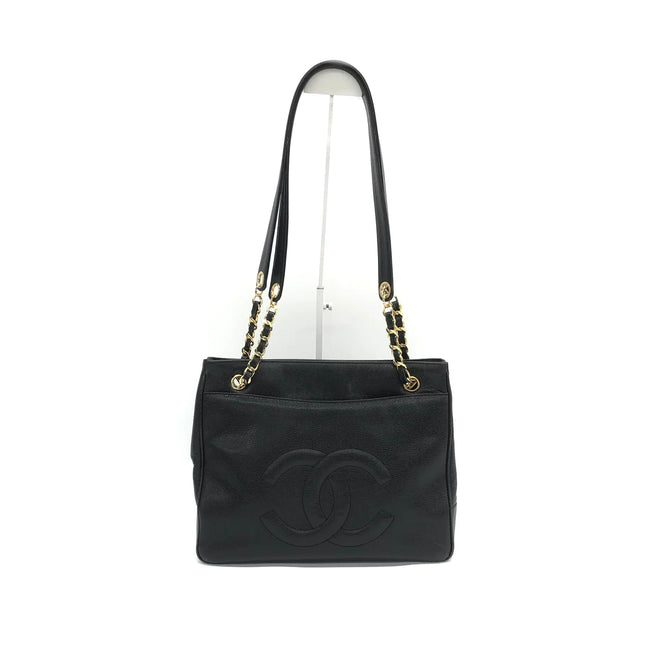 Chanel Large Vintage Front Pocket Tote Black Quilted Caviar Leather Double Gold Leather Chain