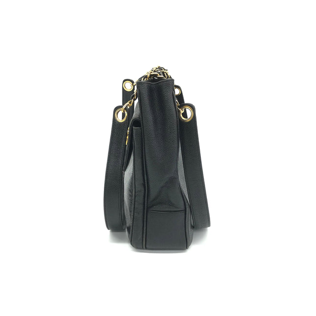 Chanel Large Vintage Front Pocket Tote Black Quilted Caviar Leather Double Gold Leather Chain