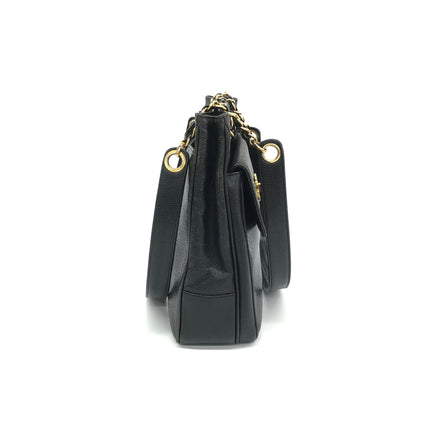 Chanel Large Vintage Front Pocket Tote Black Quilted Caviar Leather Double Gold Leather Chain