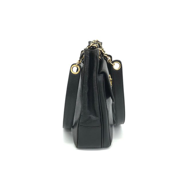 Chanel Large Vintage Front Pocket Tote Black Quilted Caviar Leather Double Gold Leather Chain