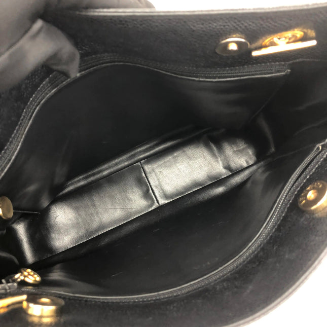 Chanel Large Vintage Front Pocket Tote Black Quilted Caviar Leather Double Gold Leather Chain