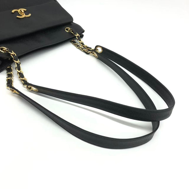 Chanel Large Vintage Front Pocket Tote Black Quilted Caviar Leather Double Gold Leather Chain