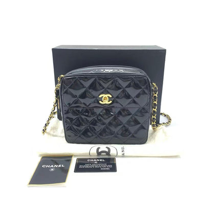 Chanel Vintage Mini Camera Bag Black Patent Leather Gold Hardware