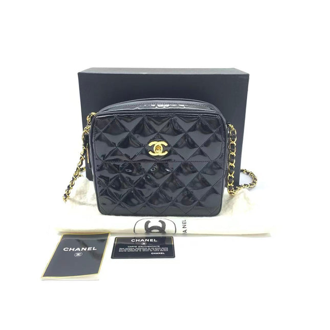 Chanel Vintage Mini Camera Bag Black Patent Leather Gold Hardware-Luxbags