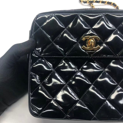 Chanel Vintage Mini Camera Bag Black Patent Leather Gold Hardware
