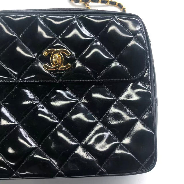 Chanel Vintage Mini Camera Bag Black Patent Leather Gold Hardware