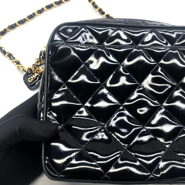 Chanel Vintage Mini Camera Bag Black Patent Leather Gold Hardware
