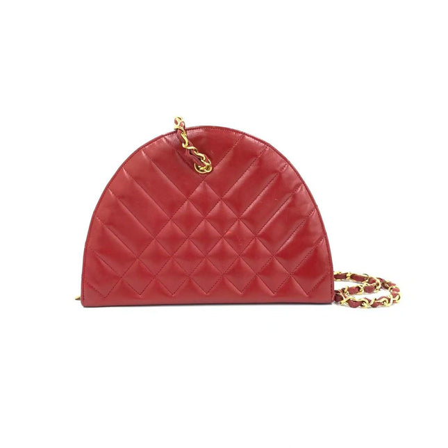 Chanel Vintage Half Moon Red Lambskin Gold Matelasse Chain Shoulder Bag-Luxbags