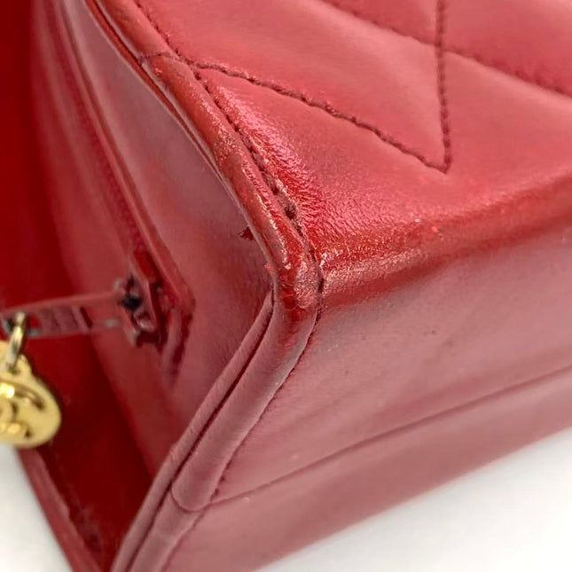 Chanel Vintage Half Moon Red Lambskin Gold Matelasse Chain Shoulder Bag