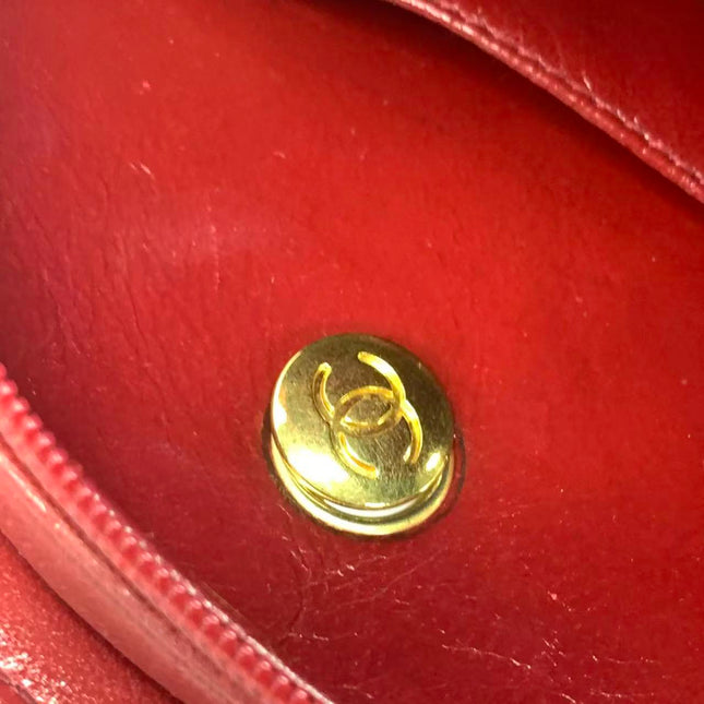 Chanel Vintage Half Moon Red Lambskin Gold Matelasse Chain Shoulder Bag