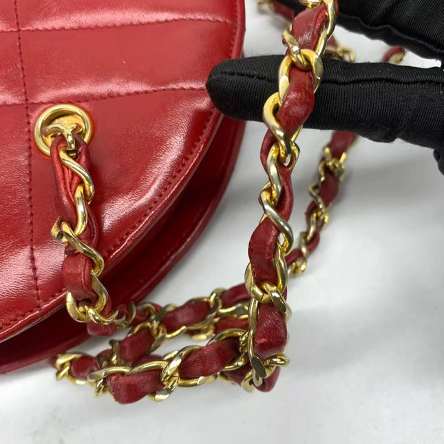 Chanel Vintage Half Moon Red Lambskin Gold Matelasse Chain Shoulder Bag