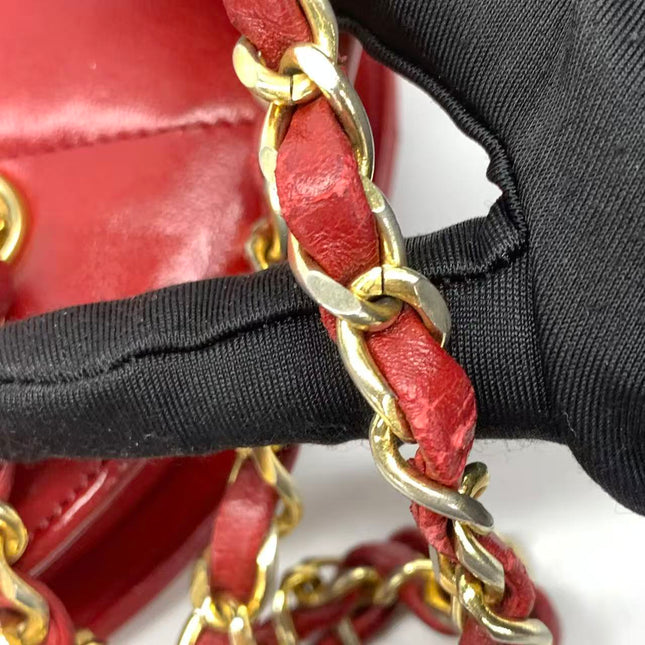 Chanel Vintage Half Moon Red Lambskin Gold Matelasse Chain Shoulder Bag