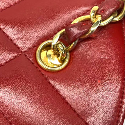Chanel Vintage Half Moon Red Lambskin Gold Matelasse Chain Shoulder Bag
