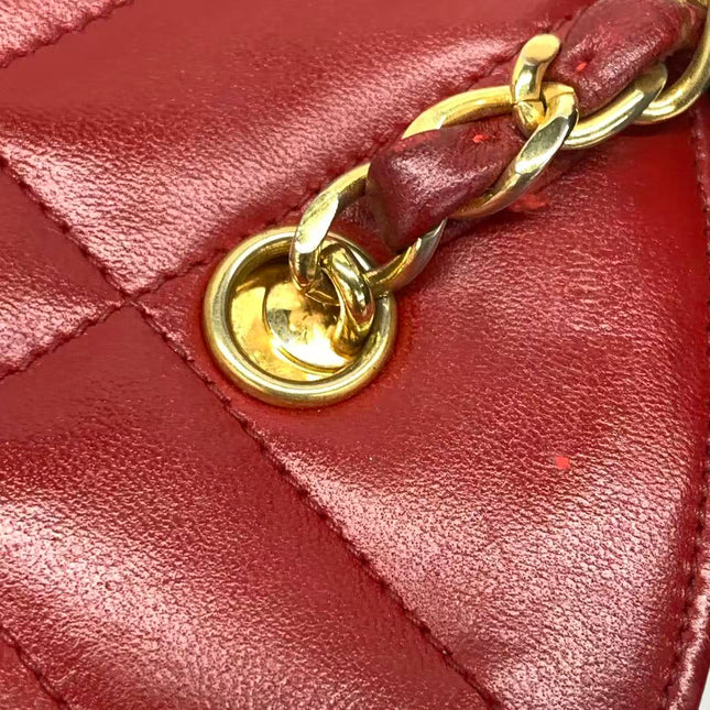 Chanel Vintage Half Moon Red Lambskin Gold Matelasse Chain Shoulder Bag