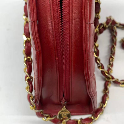 Chanel Vintage Half Moon Red Lambskin Gold Matelasse Chain Shoulder Bag