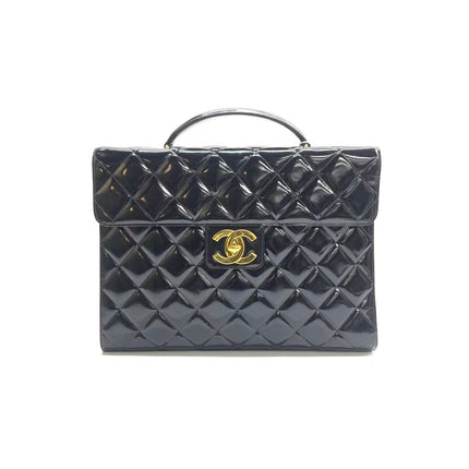 Chanel Vintage Briefcase Black Patent Leather Gold Mega CC Hardware