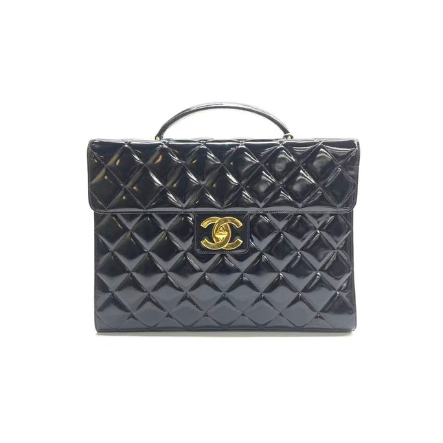 Chanel Vintage Briefcase Black Patent Leather Gold Mega CC Hardware