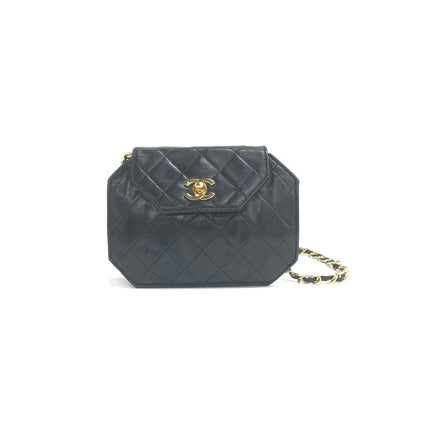 Chanel Vintage Octagon Small Quilted Black Lambskin Leather Gold Hardware Crossbody Bag