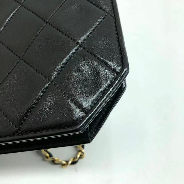 Chanel Vintage Octagon Small Quilted Black Lambskin Leather Gold Hardware Crossbody Bag