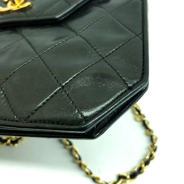 Chanel Vintage Octagon Small Quilted Black Lambskin Leather Gold Hardware Crossbody Bag