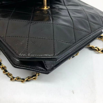 Chanel Vintage Octagon Small Quilted Black Lambskin Leather Gold Hardware Crossbody Bag
