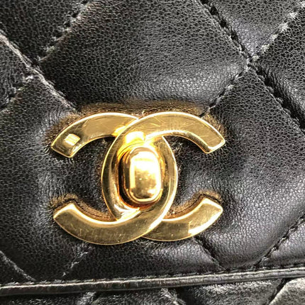 Chanel Vintage Octagon Small Quilted Black Lambskin Leather Gold Hardware Crossbody Bag
