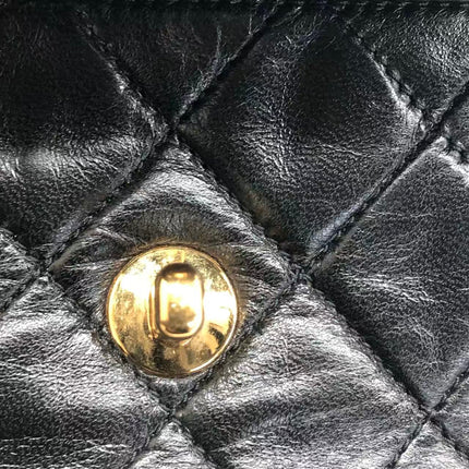 Chanel Vintage Octagon Small Quilted Black Lambskin Leather Gold Hardware Crossbody Bag