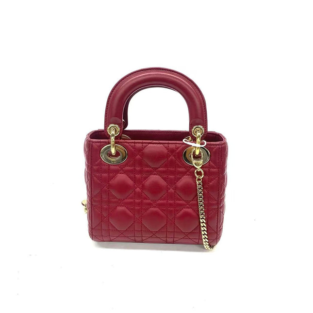Lady Dior Mini Dark Red Lambskin Leather Gold Chain Strap 2017