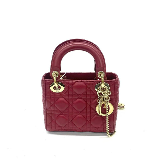 Lady Dior Mini Dark Red Lambskin Leather Gold Chain Strap 2017-Luxbags