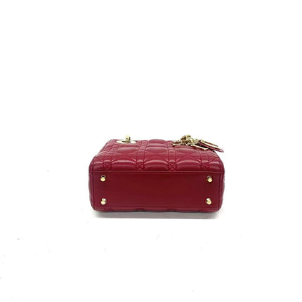Lady Dior Mini Cuir d'Agneau Bordeaux Bandoulière Chaîne Métal Doré