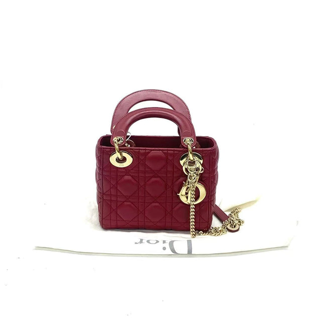 Lady Dior Mini Dark Red Lambskin Leather Gold Chain Strap 2017