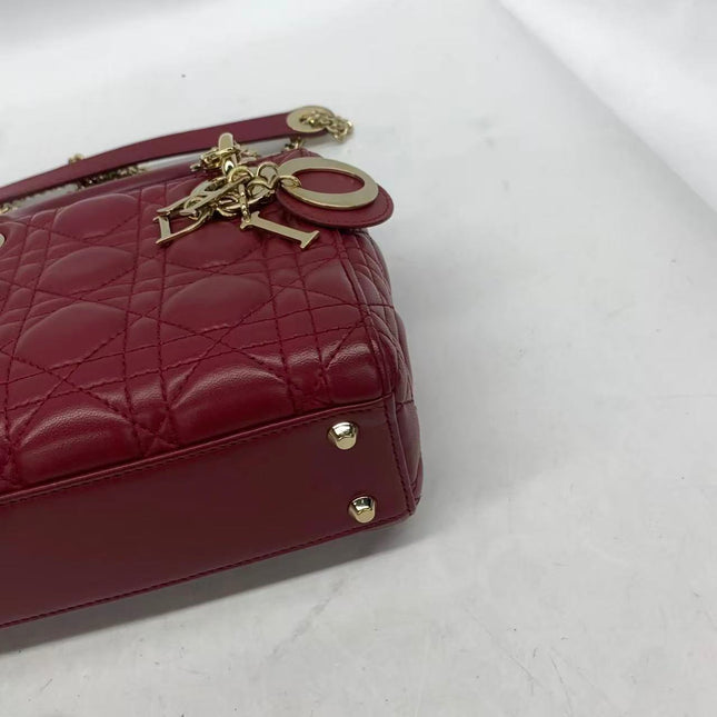 Lady Dior Mini Dark Red Lambskin Leather Gold Chain Strap 2017