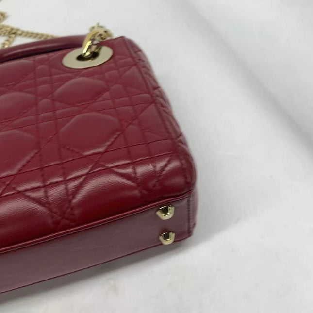 Lady Dior Mini Dark Red Lambskin Leather Gold Chain Strap 2017