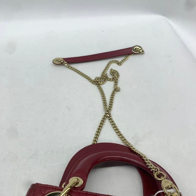 Lady Dior Mini Dark Red Lambskin Leather Gold Chain Strap 2017