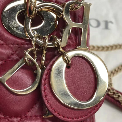 Lady Dior Mini Cuir d'Agneau Bordeaux Bandoulière Chaîne Métal Doré