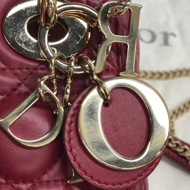 Lady Dior Mini Dark Red Lambskin Leather Gold Chain Strap 2017