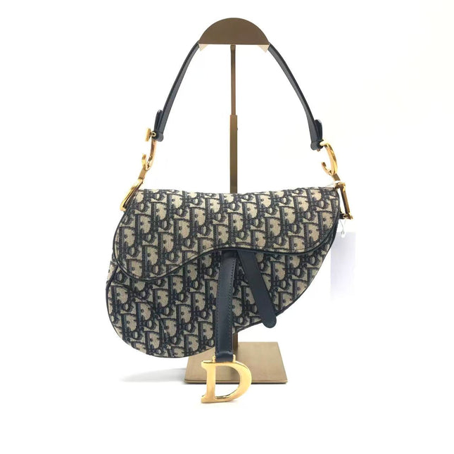 Dior Saddle Medium Navy Oblique Monogram Canvas Shoulder Bag-Luxbags