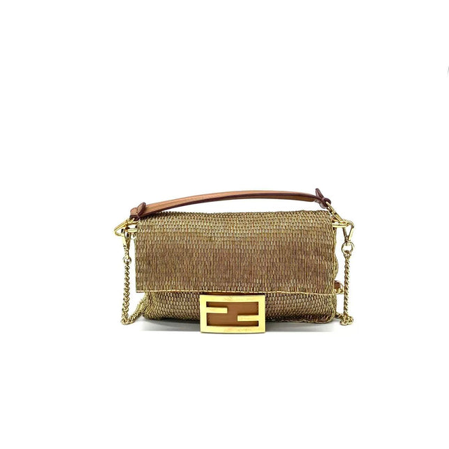 Fendi Baguette Mini Gold Beaded Chain Strap Crossbody Bag-Luxbags