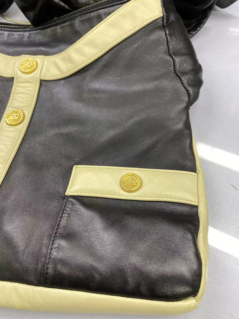 Chanel Large Girl Jacket Bag Black and Beige Lambskin Leather Shoulder Bag 2015